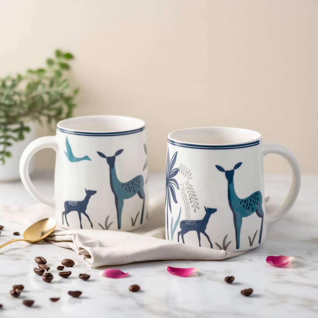 The Deluxe Creations Deer Print Ceramic Mug Set | Minimal Aesthetic Design | Premium Coffee & Tea Cup | 200 ML | Home & Gifting