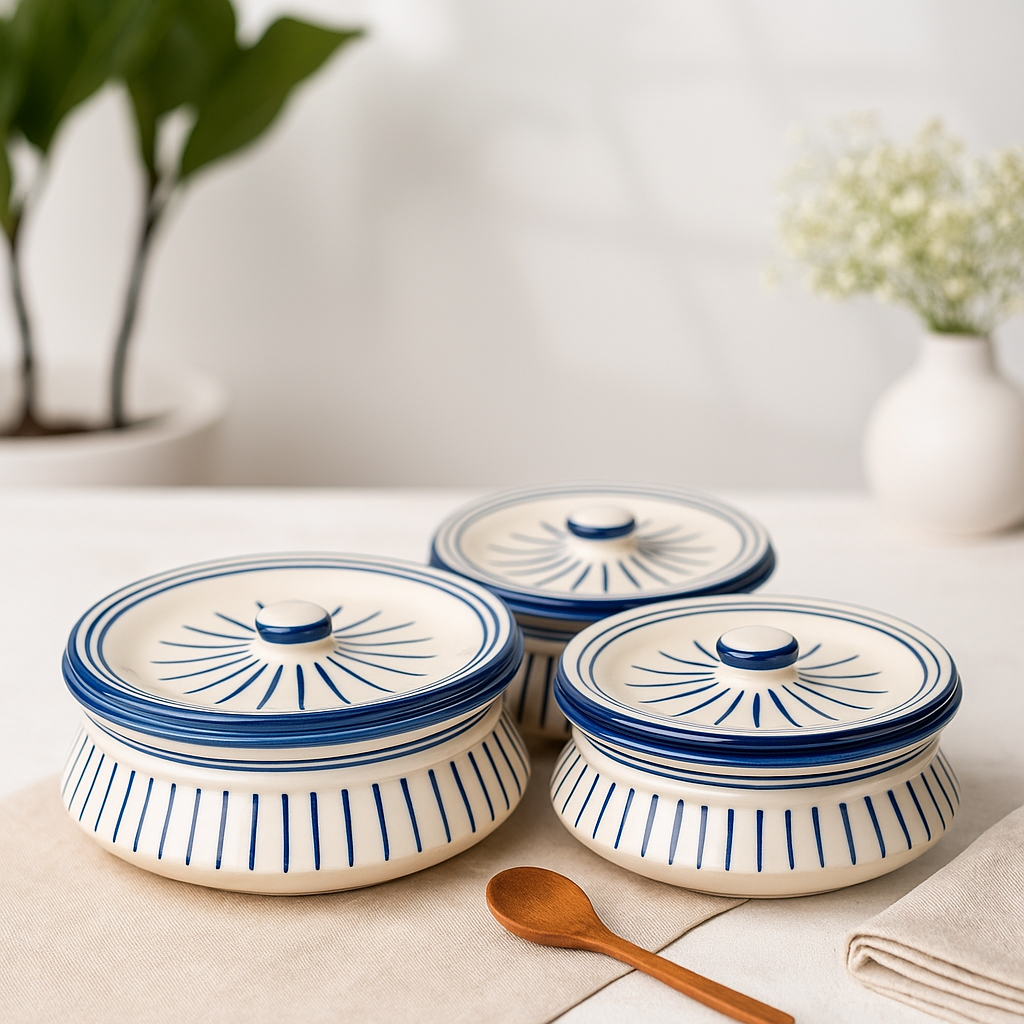 The Deluxe Creations Ceramic Casserole Serving Bowls with Lids – Set of 3 (1200ml, 900ml, 650ml) – Microwave Safe