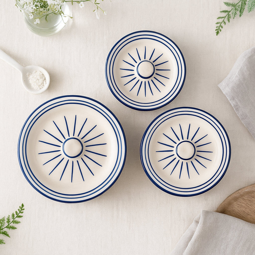 Three ceramic dishes with blue sunburst patterns on a light surface.