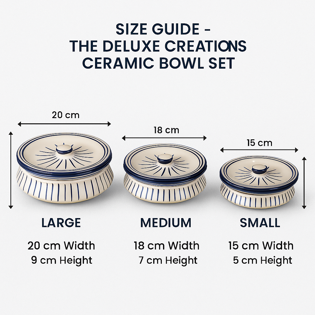 Size guide for The Deluxe Creations Ceramic Bowl Set with measurements of large, medium, and small bowls.
