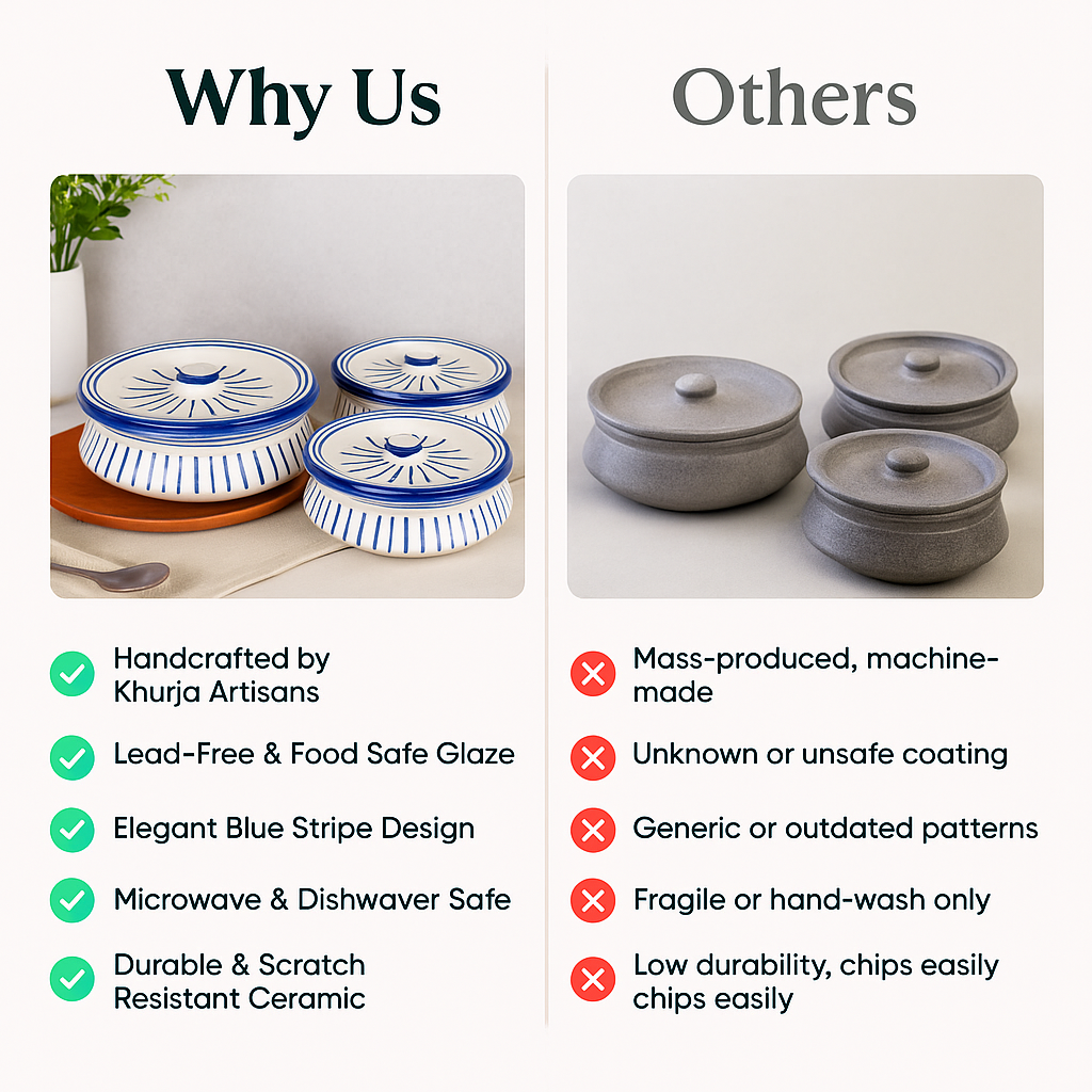 Comparison of handcrafted ceramic containers with mass-produced alternatives, highlighting features and benefits.