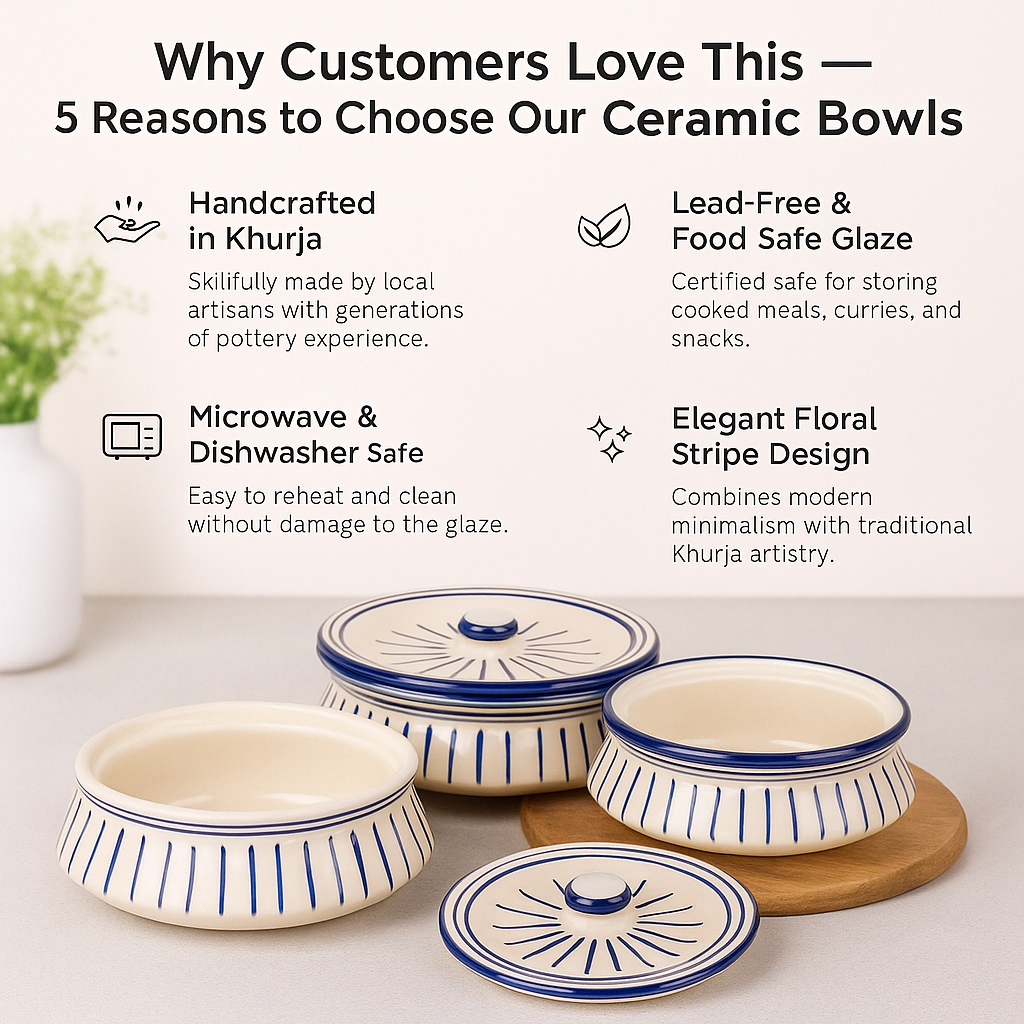 Ceramic bowls with blue stripes on a white surface, accompanied by text highlighting features.