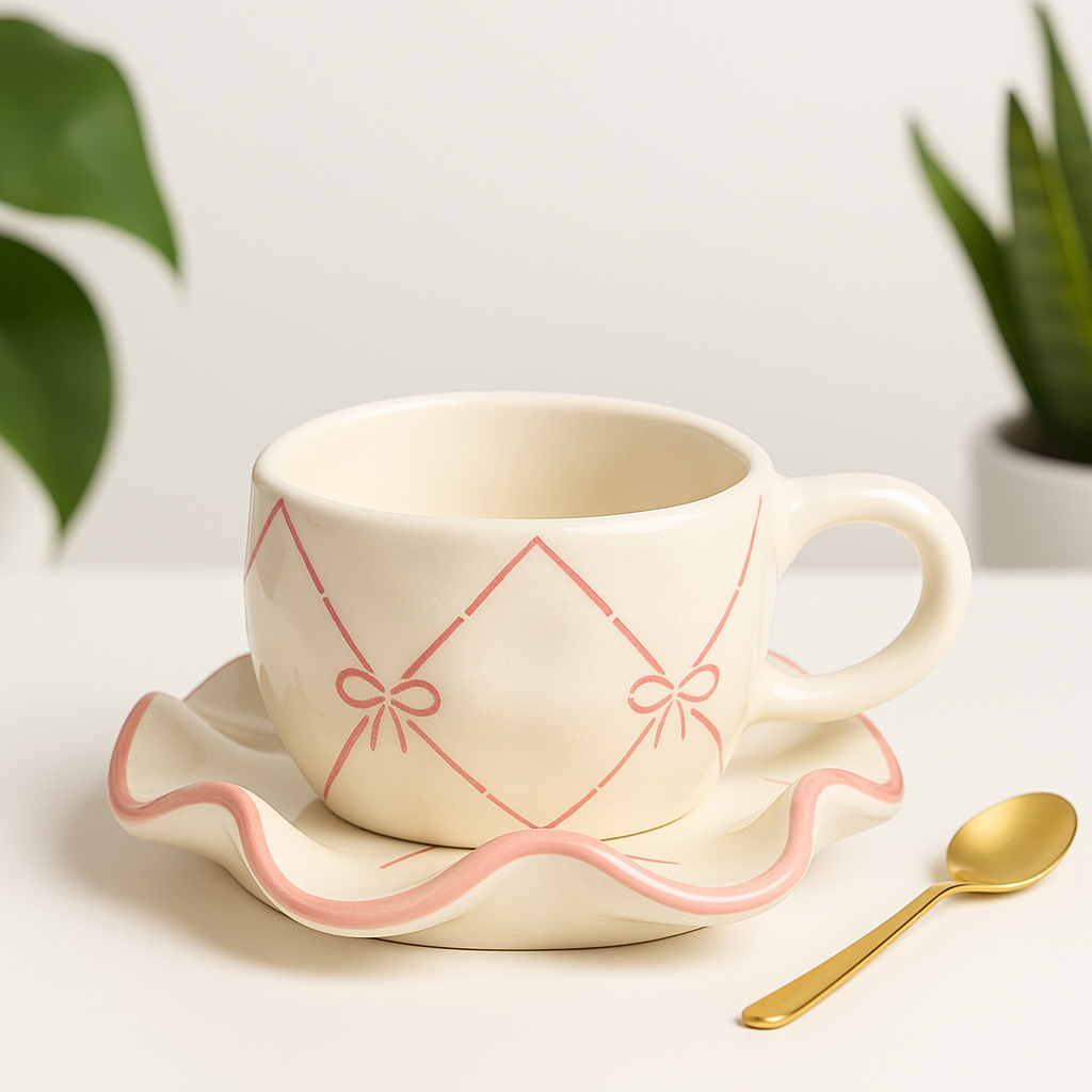 The Deluxe Creations Pink Ribbon Ceramic Cup & Wavy Saucer Set