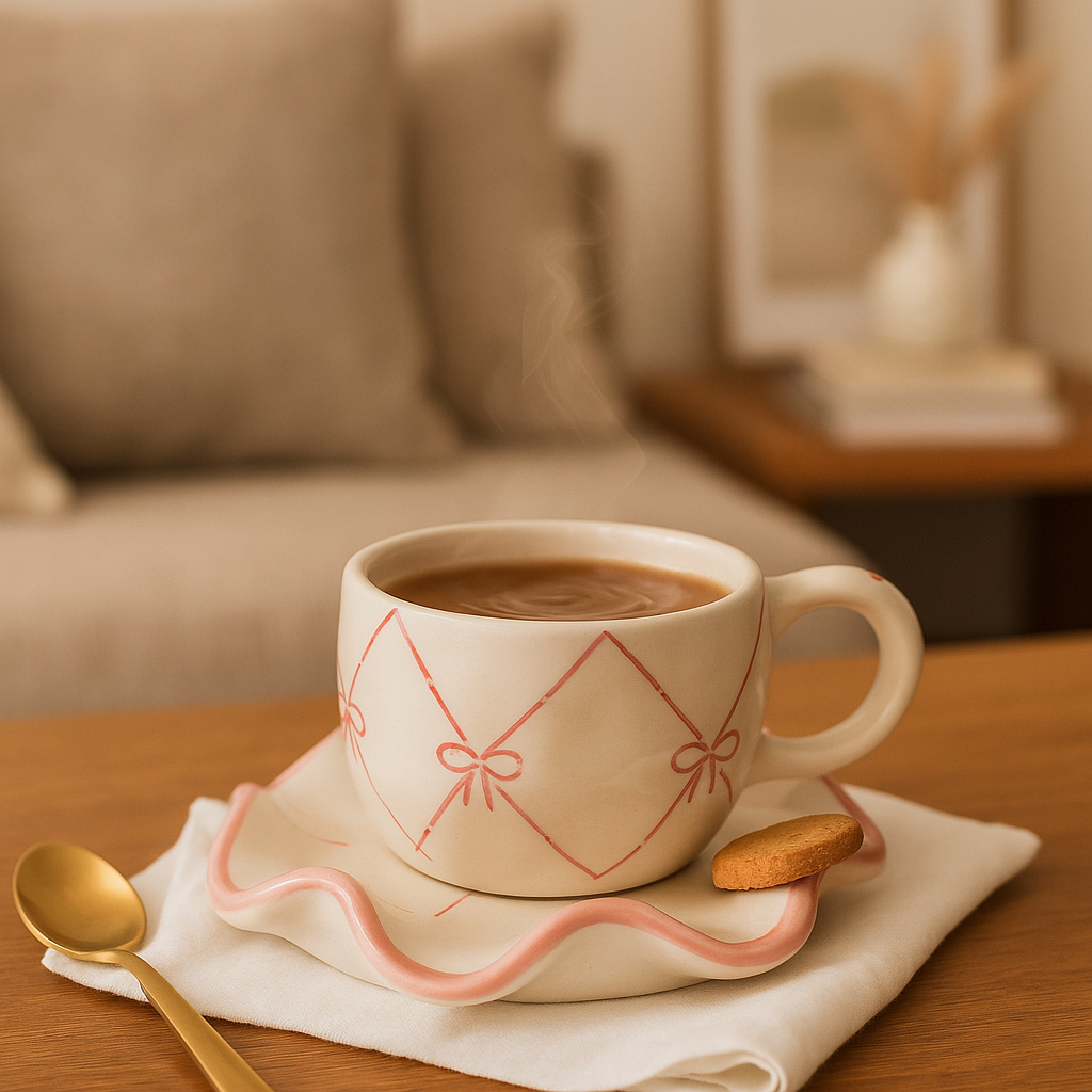 The Deluxe Creations Pink Ribbon Ceramic Cup & Wavy Saucer Set