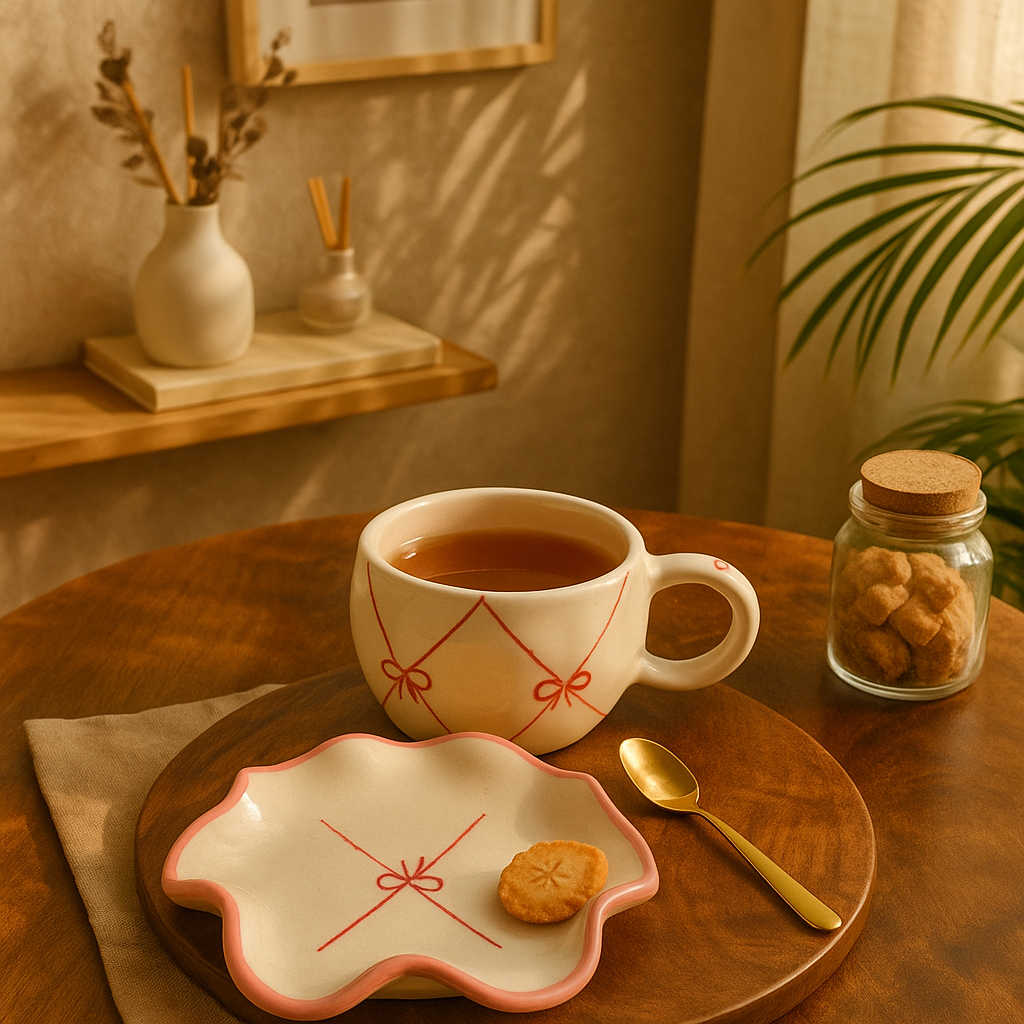 The Deluxe Creations Pink Ribbon Ceramic Cup & Wavy Saucer Set