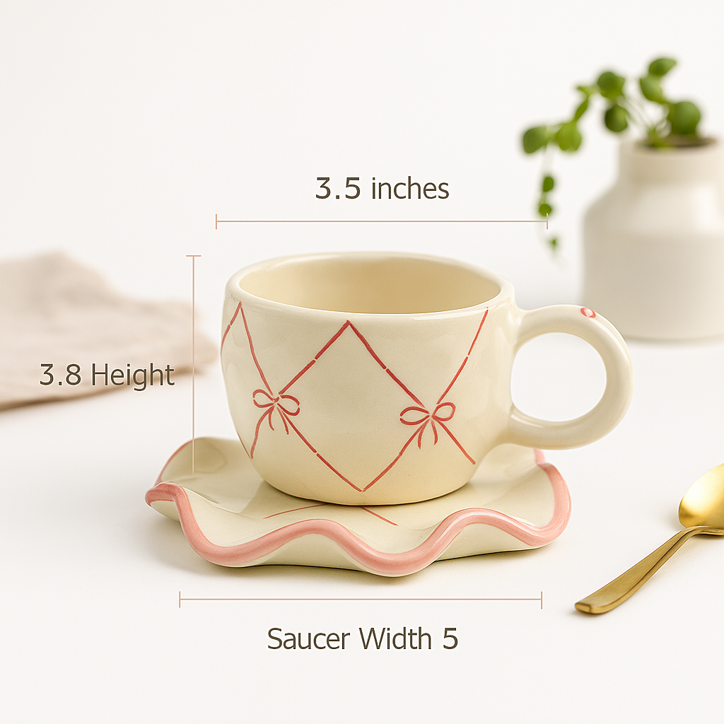 The Deluxe Creations Pink Ribbon Ceramic Cup & Wavy Saucer Set