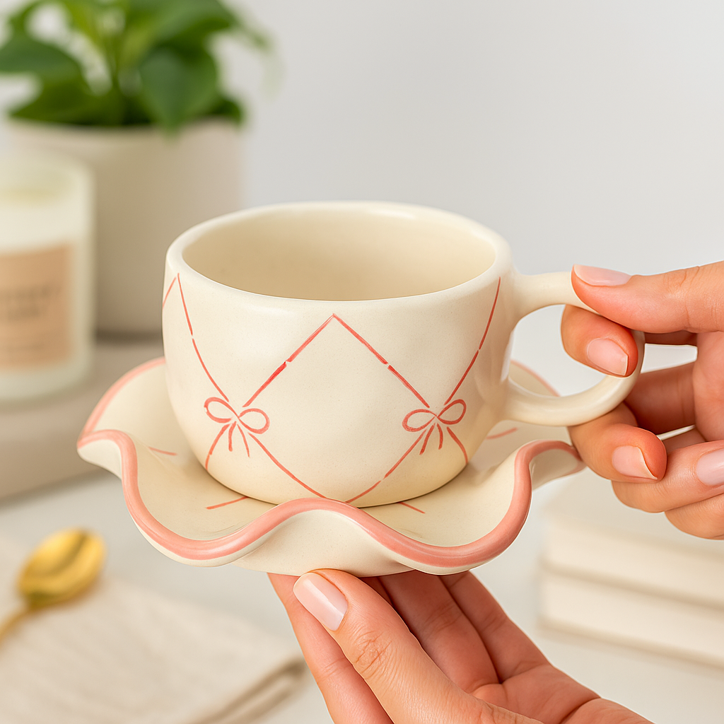 The Deluxe Creations Pink Ribbon Ceramic Cup & Wavy Saucer Set
