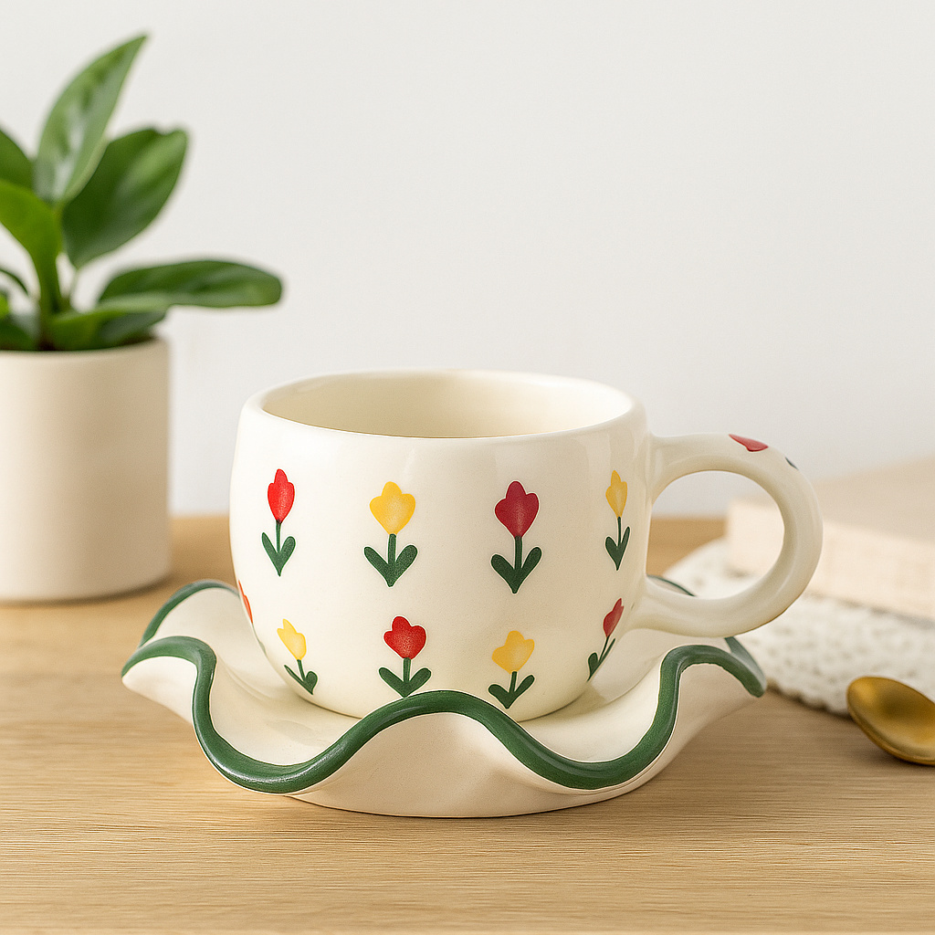 The Deluxe Creations Tulip Garden Ceramic Cup & Wavy Saucer Set (Green Rim)