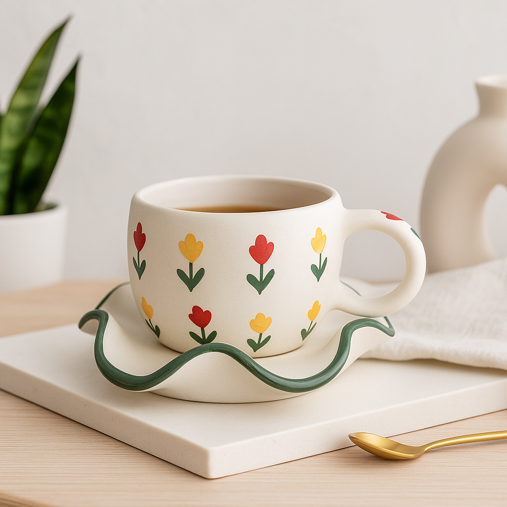 The Deluxe Creations Tulip Garden Ceramic Cup & Wavy Saucer Set (Green Rim)