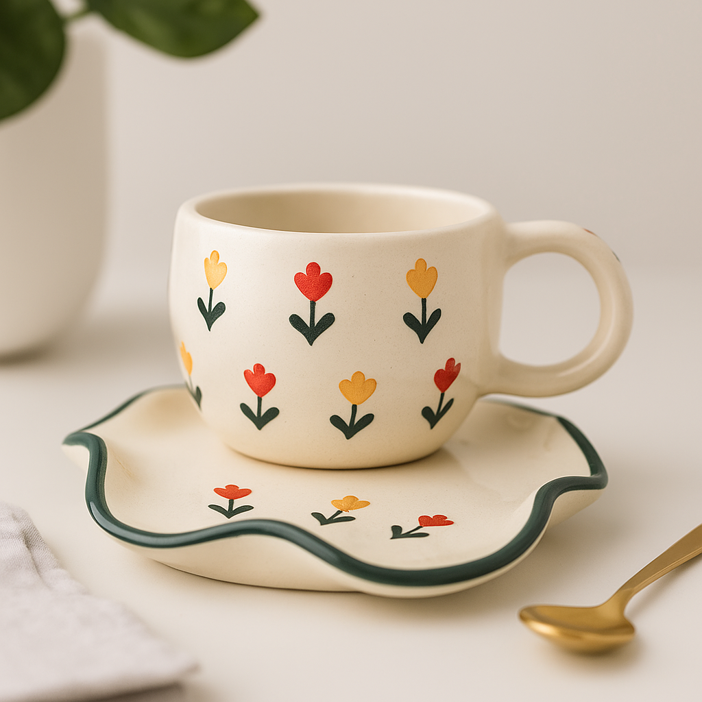 The Deluxe Creations Tulip Garden Ceramic Cup & Wavy Saucer Set (Green Rim)