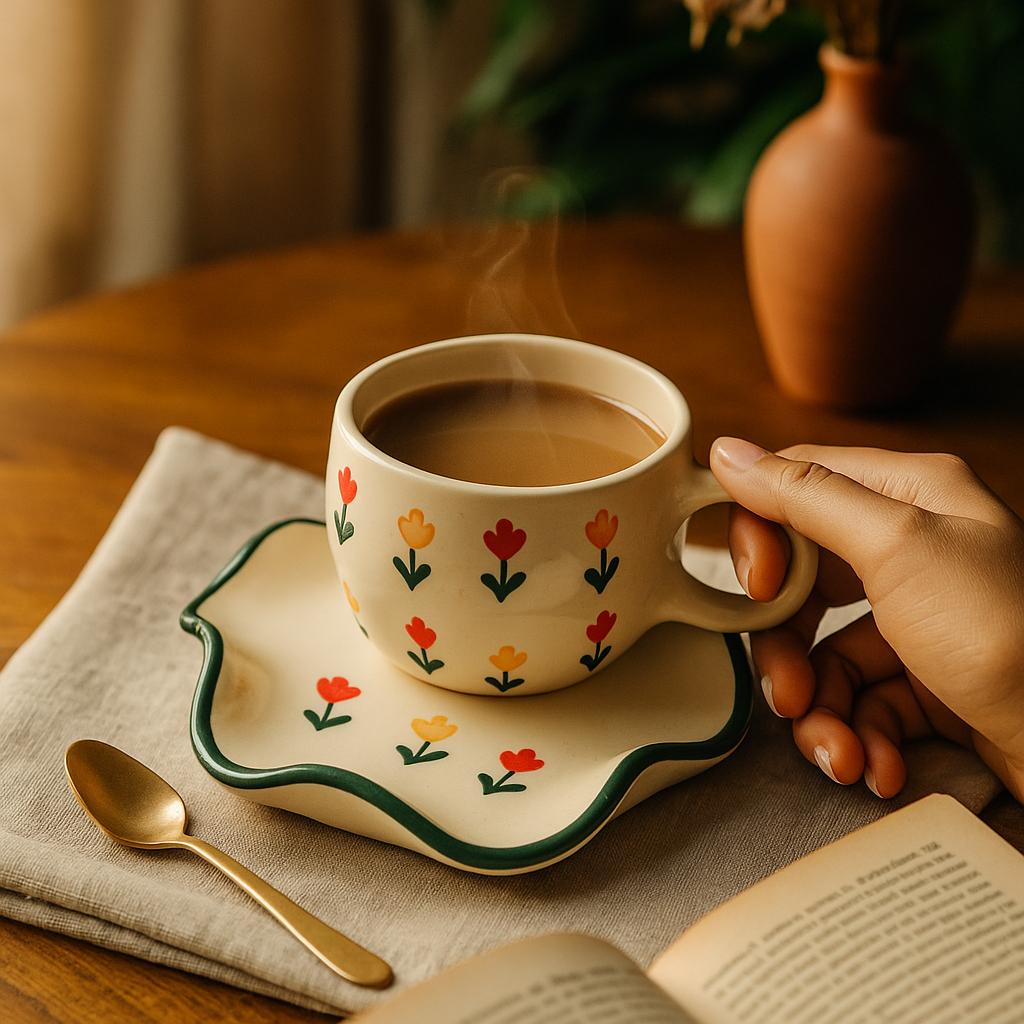 The Deluxe Creations Tulip Garden Ceramic Cup & Wavy Saucer Set (Green Rim)