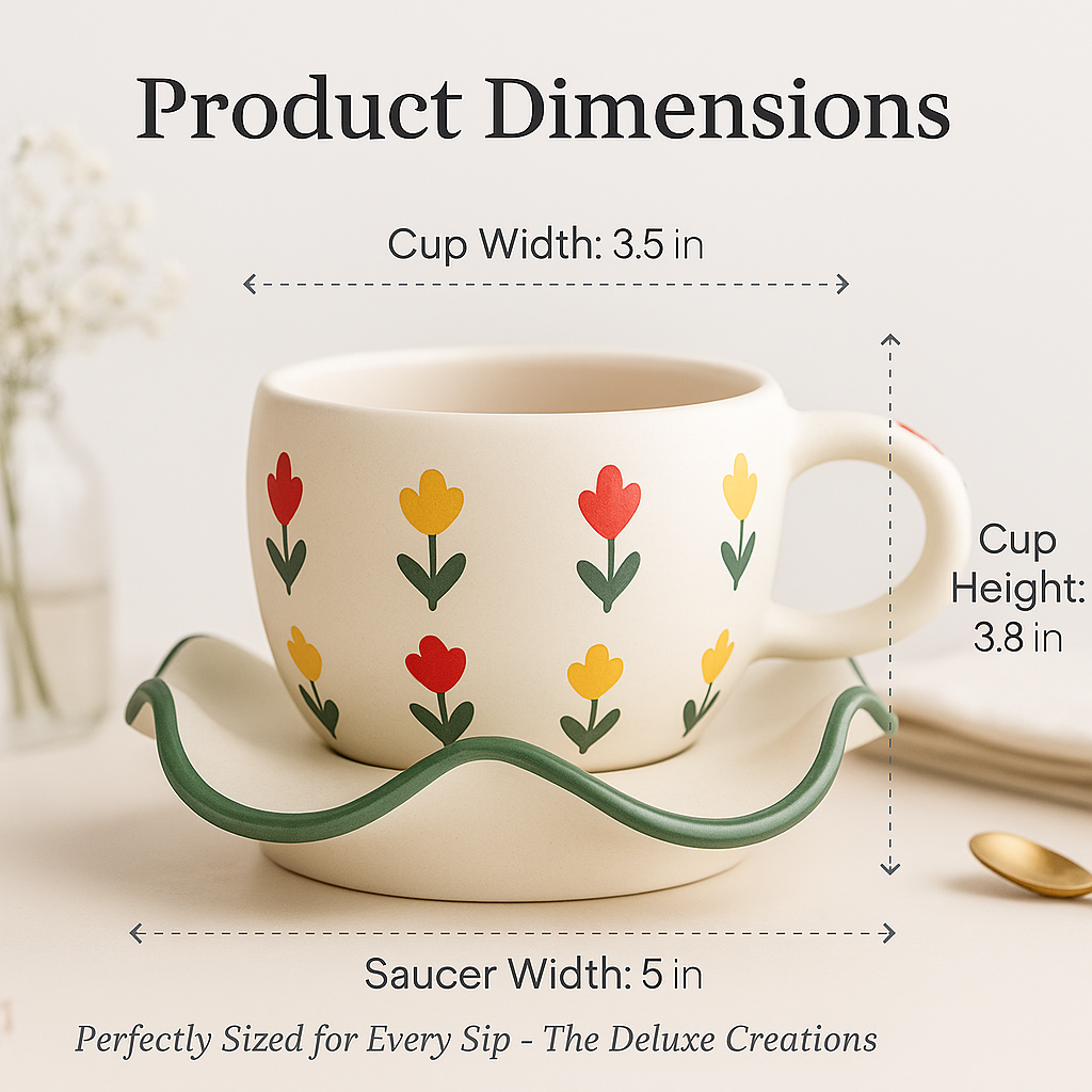 The Deluxe Creations Tulip Garden Ceramic Cup & Wavy Saucer Set (Green Rim)