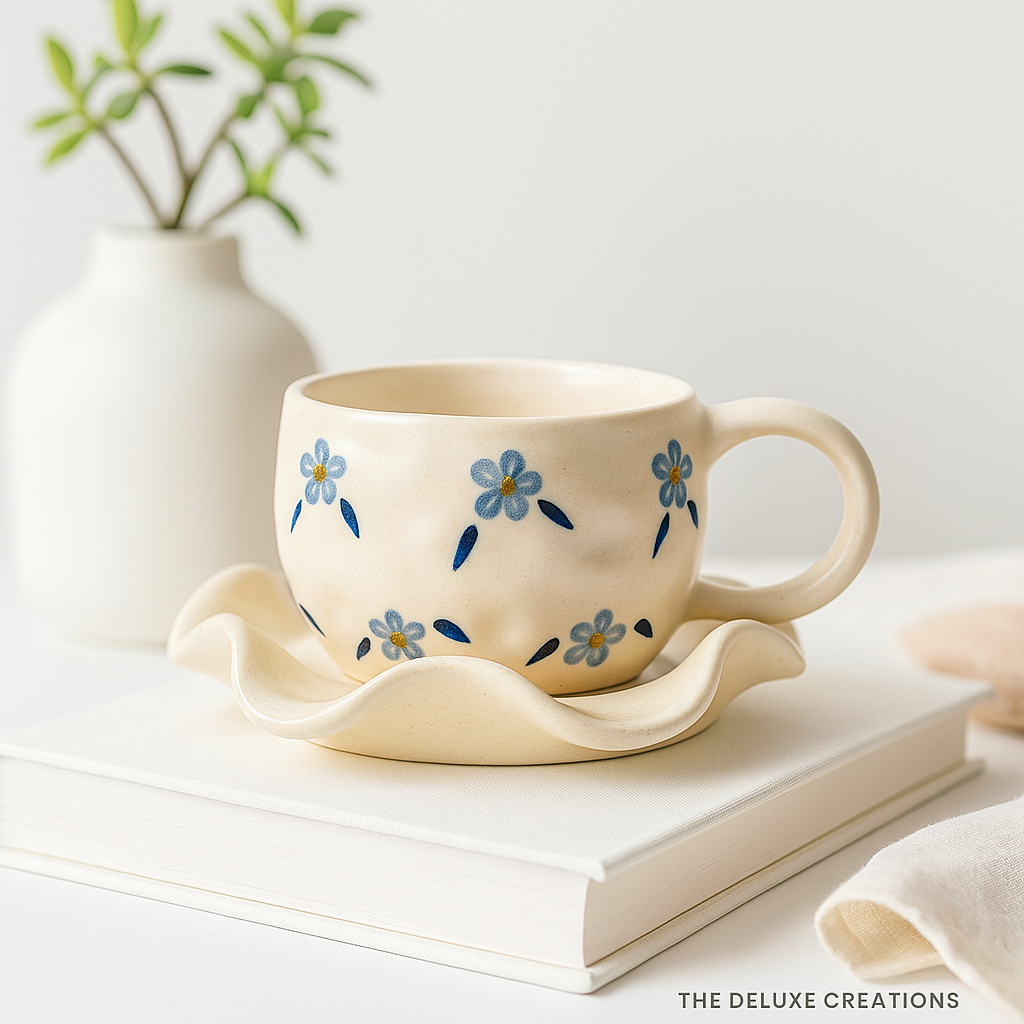 The Deluxe Creations Blue Blossom Ceramic Cup & Wavy Saucer Set