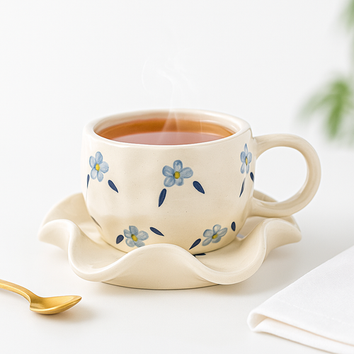 The Deluxe Creations Blue Blossom Ceramic Cup & Wavy Saucer Set