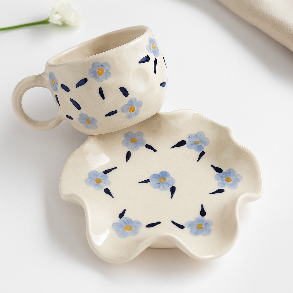 The Deluxe Creations Blue Blossom Ceramic Cup & Wavy Saucer Set