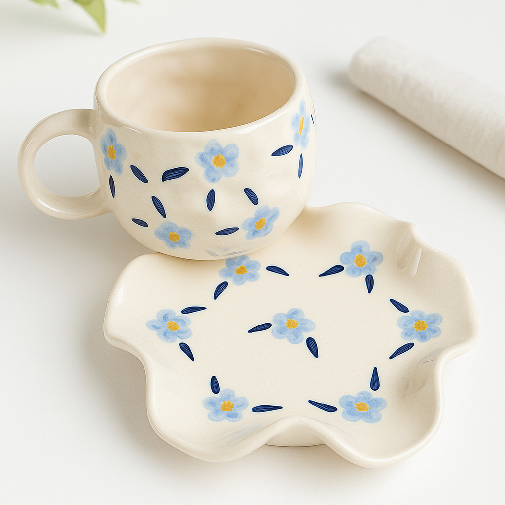 The Deluxe Creations Blue Blossom Ceramic Cup & Wavy Saucer Set