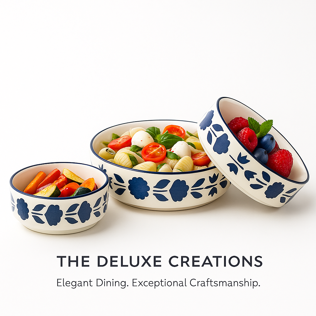 The Deluxe Creations Handcrafted Blue Floral Ceramic Bowl & Plate Set – Set of 3 (5.5”, 6.5”, 7.5”)