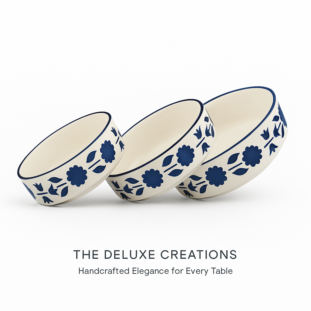 The Deluxe Creations Handcrafted Blue Floral Ceramic Bowl & Plate Set – Set of 3 (5.5”, 6.5”, 7.5”)