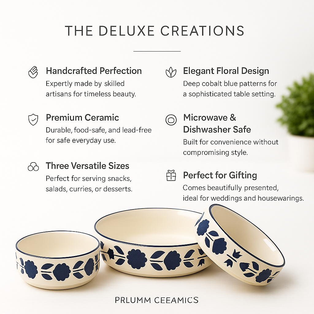 The Deluxe Creations Handcrafted Blue Floral Ceramic Bowl & Plate Set – Set of 3 (5.5”, 6.5”, 7.5”)