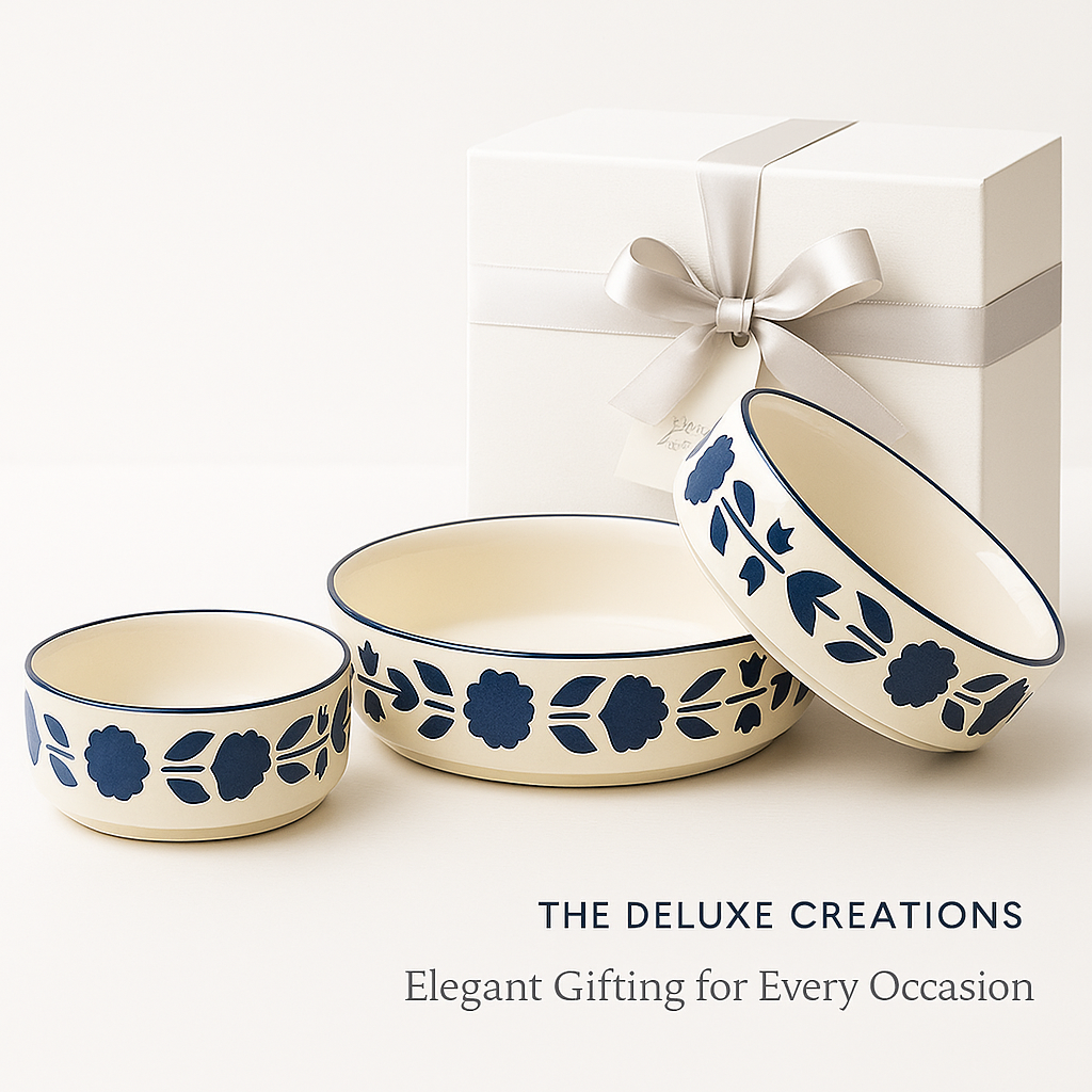 The Deluxe Creations Handcrafted Blue Floral Ceramic Bowl & Plate Set – Set of 3 (5.5”, 6.5”, 7.5”)