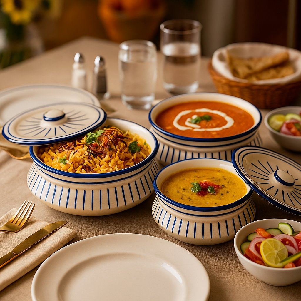 The Deluxe Creations Ceramic Casserole Serving Bowls with Lids – Set of 3 (1200ml, 900ml, 650ml) – Microwave Safe