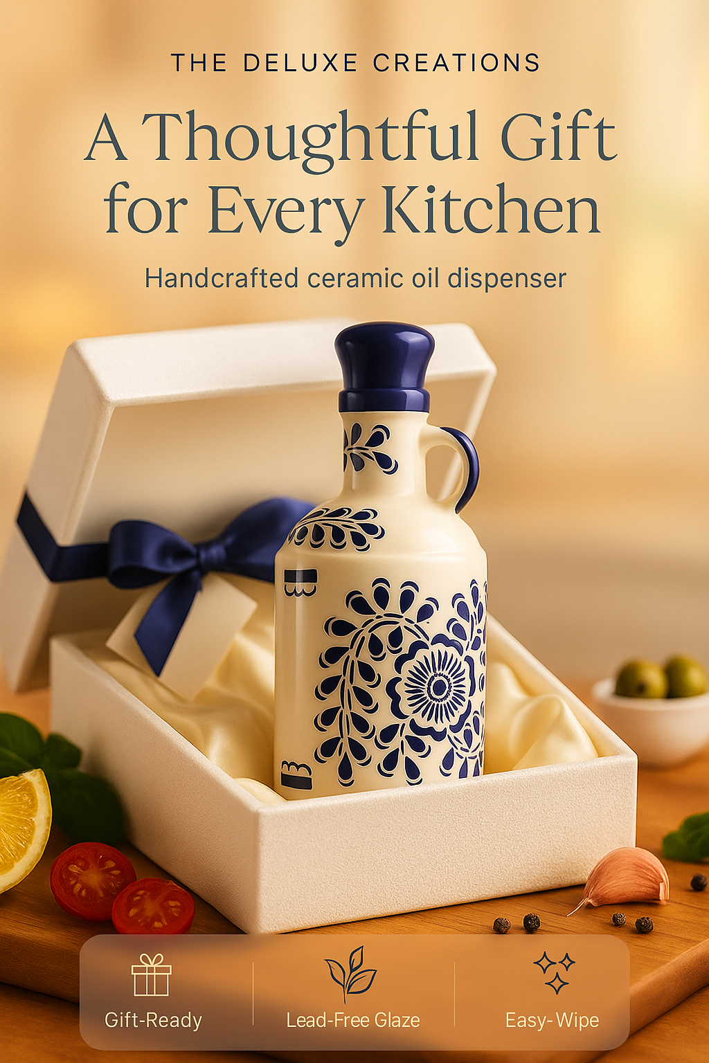 The Deluxe Creations Hand-Painted Ceramic Olive Oil Dispenser – 1000 ml