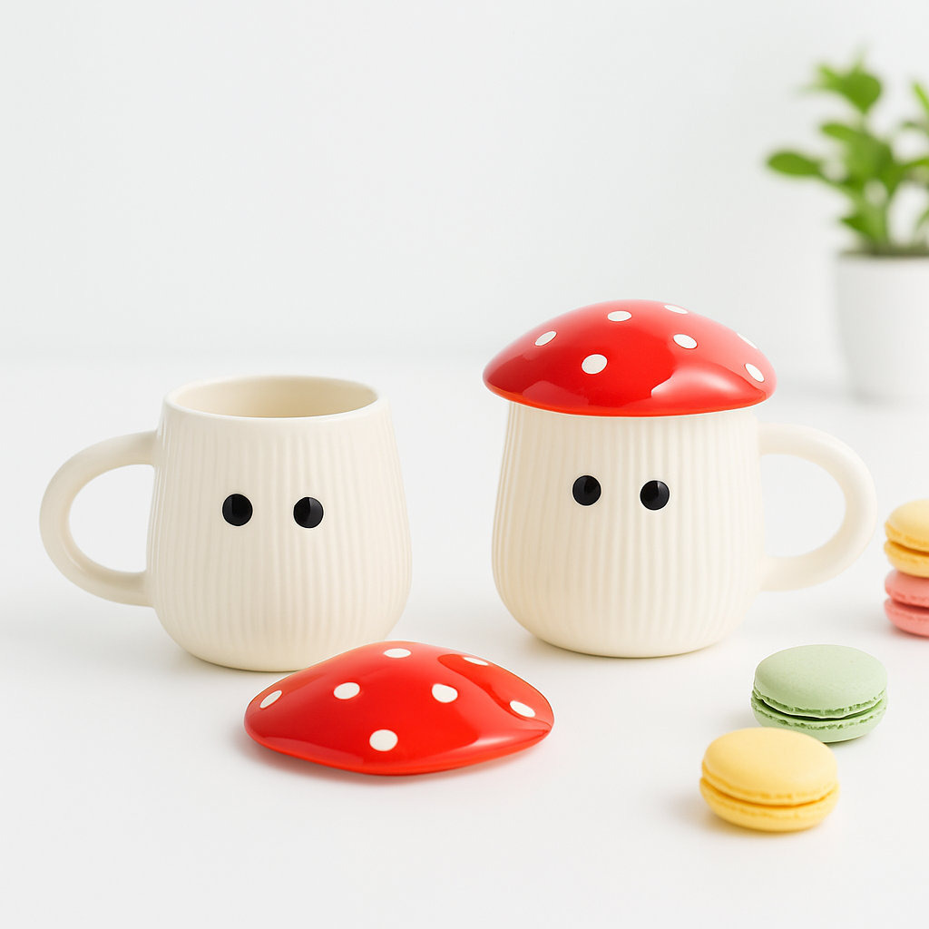 The Deluxe Creations Ceramic Mushroom Coffee Mugs with Lid – Set of 2 (200ml)