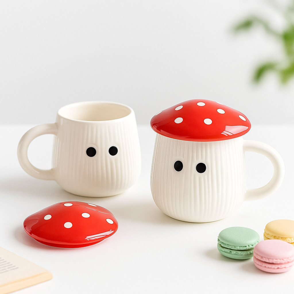 The Deluxe Creations Ceramic Mushroom Coffee Mugs with Lid – Set of 2 (200ml)