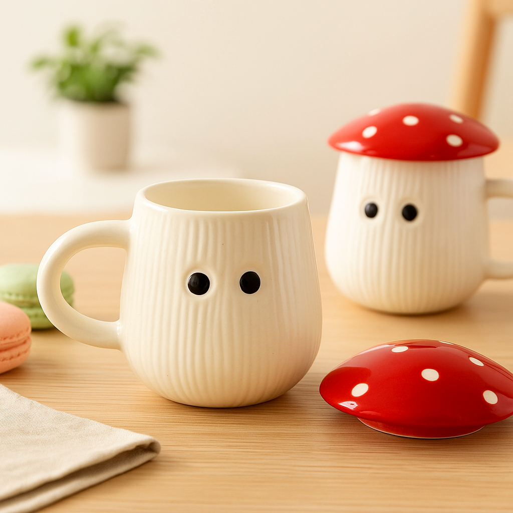 The Deluxe Creations Ceramic Mushroom Coffee Mugs with Lid – Set of 2 (200ml)