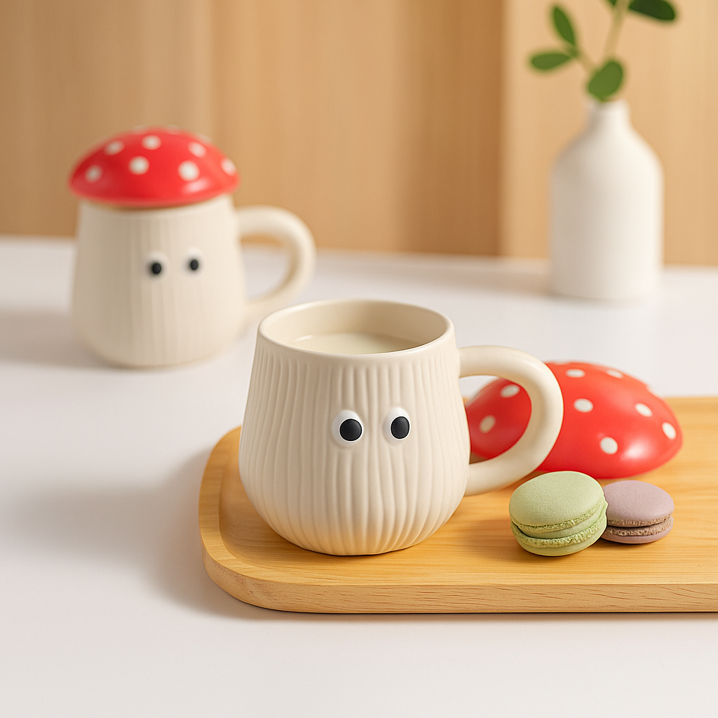 The Deluxe Creations Ceramic Mushroom Coffee Mugs with Lid – Set of 2 (200ml)