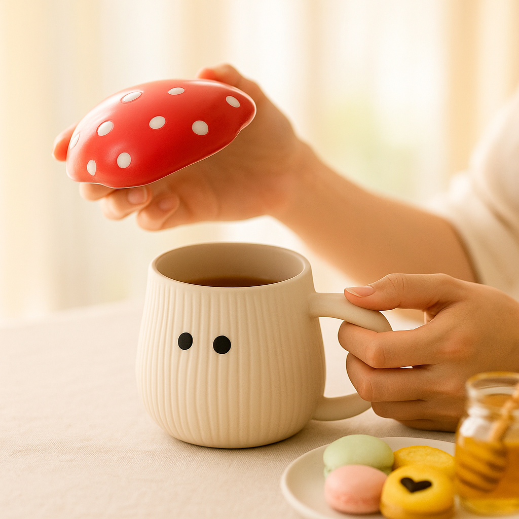 The Deluxe Creations Ceramic Mushroom Coffee Mugs with Lid – Set of 2 (200ml)