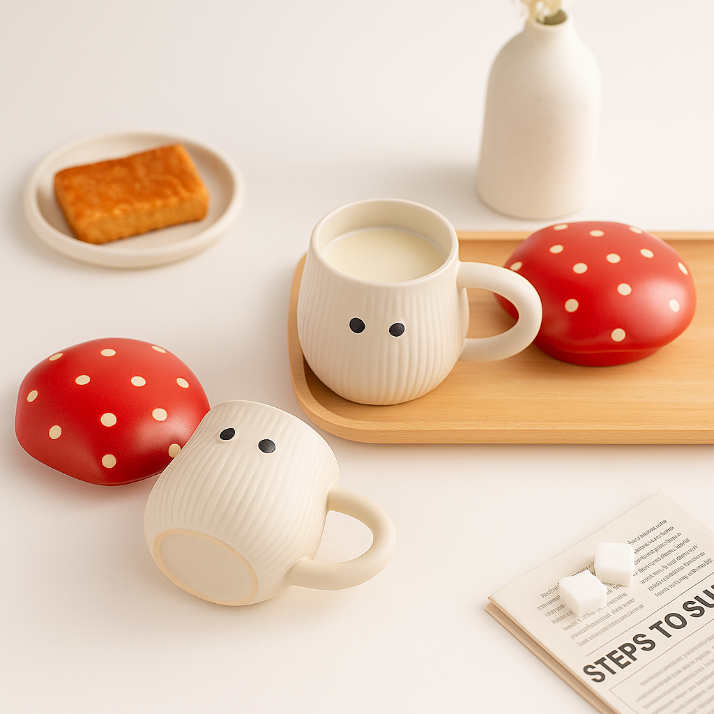 The Deluxe Creations Ceramic Mushroom Coffee Mugs with Lid – Set of 2 (200ml)