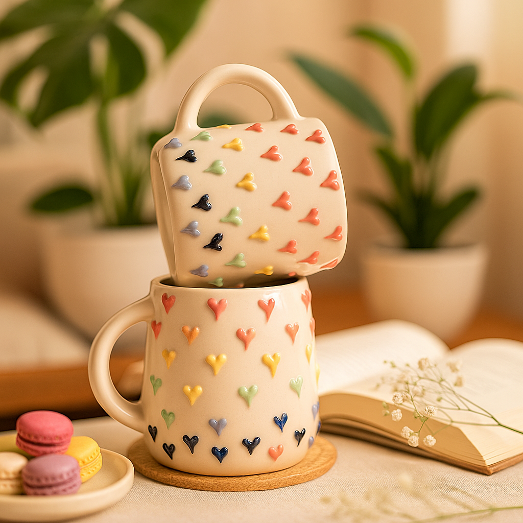 The Deluxe Creations® Heart Embossed Ceramic Coffee Mugs – Set of 2 (200ml)