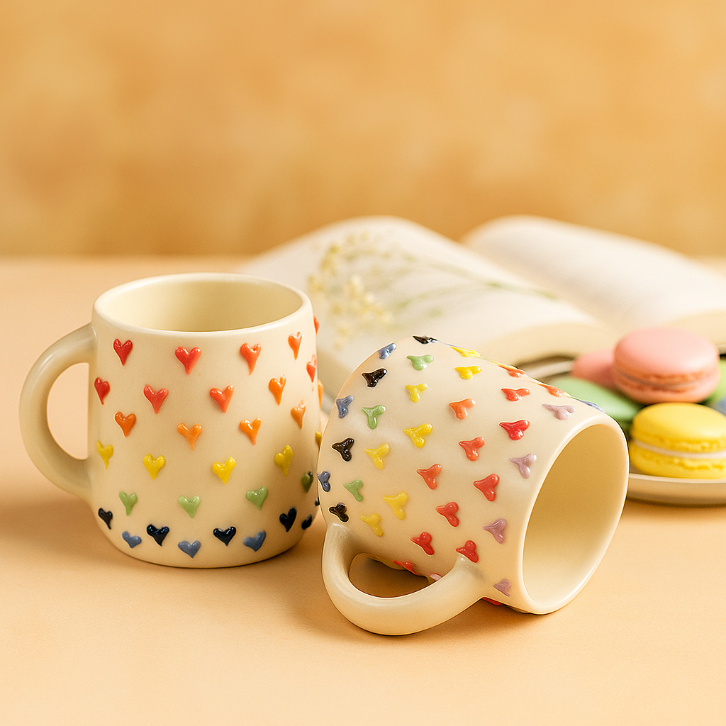 The Deluxe Creations® Heart Embossed Ceramic Coffee Mugs – Set of 2 (200ml)