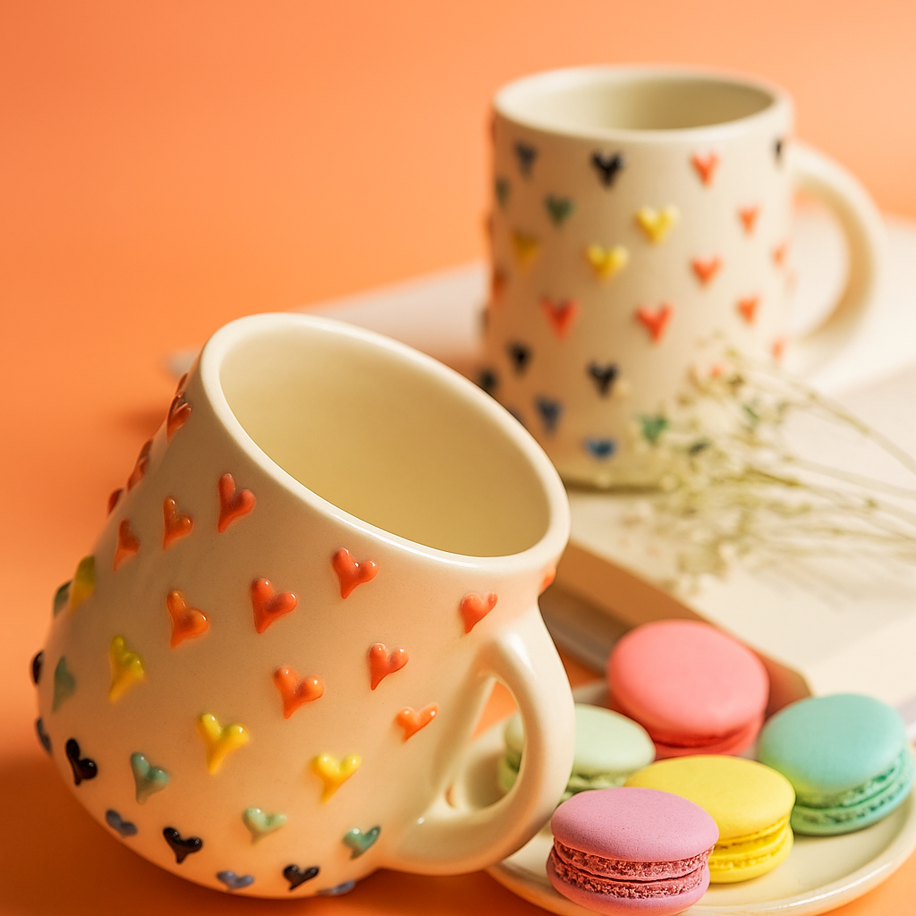 The Deluxe Creations® Heart Embossed Ceramic Coffee Mugs – Set of 2 (200ml)