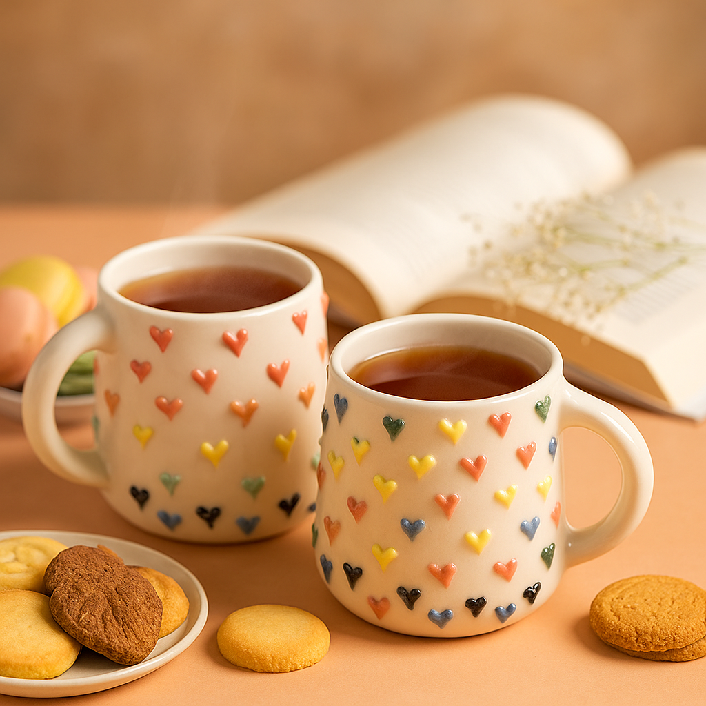 The Deluxe Creations® Heart Embossed Ceramic Coffee Mugs – Set of 2 (200ml)