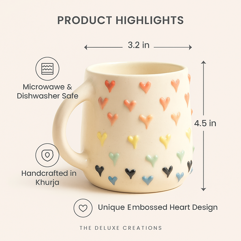 The Deluxe Creations® Heart Embossed Ceramic Coffee Mugs – Set of 2 (200ml)
