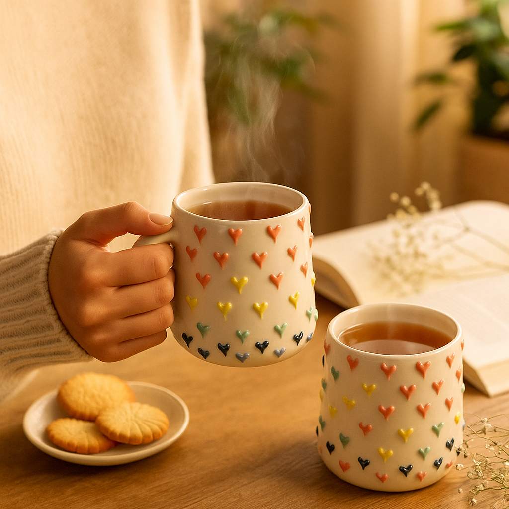The Deluxe Creations® Heart Embossed Ceramic Coffee Mugs – Set of 2 (200ml)
