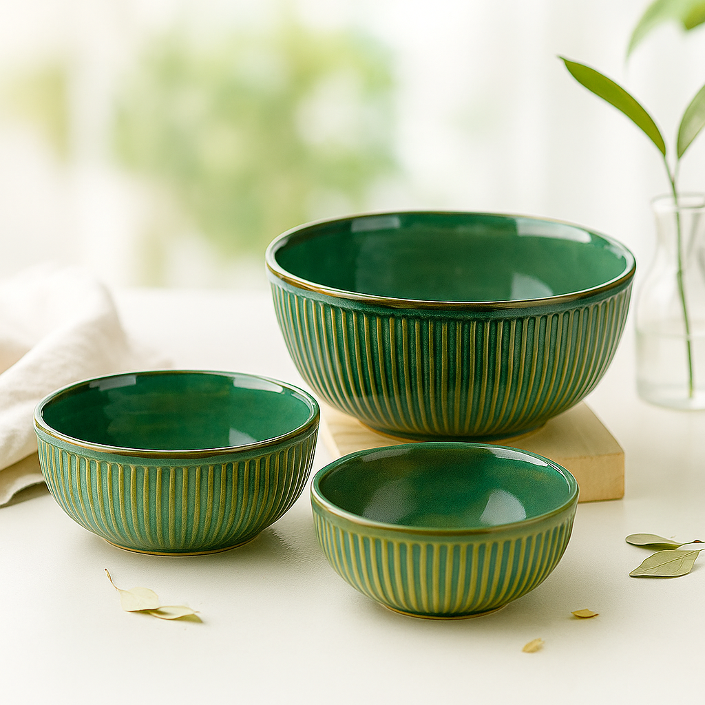 The Deluxe Creations Green Ceramic Bowl Set – Set of 3 (850ml, 500ml, 250ml)