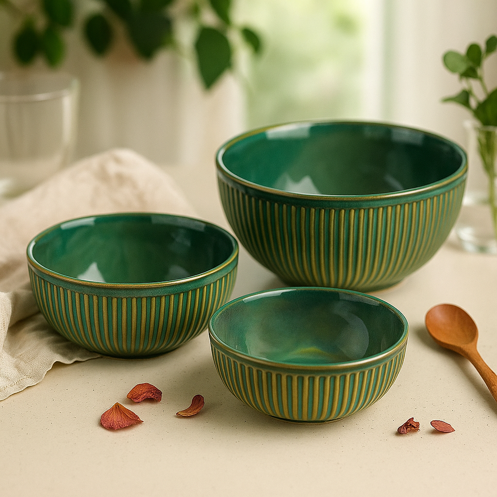 The Deluxe Creations Green Ceramic Bowl Set – Set of 3 (850ml, 500ml, 250ml)