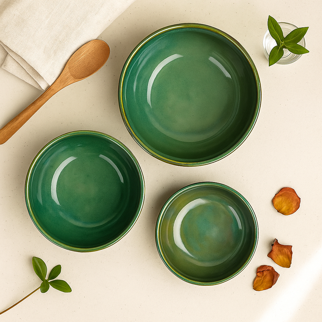 The Deluxe Creations Green Ceramic Bowl Set – Set of 3 (850ml, 500ml, 250ml)