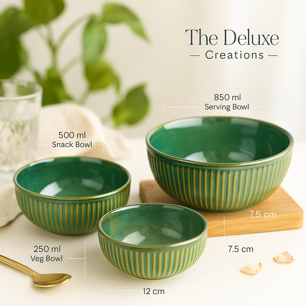 The Deluxe Creations Green Ceramic Bowl Set – Set of 3 (850ml, 500ml, 250ml)