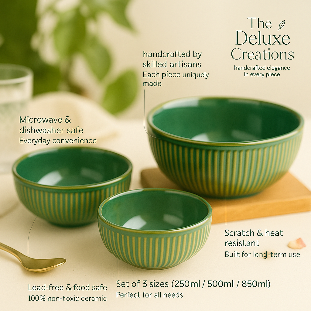 The Deluxe Creations Green Ceramic Bowl Set – Set of 3 (850ml, 500ml, 250ml)