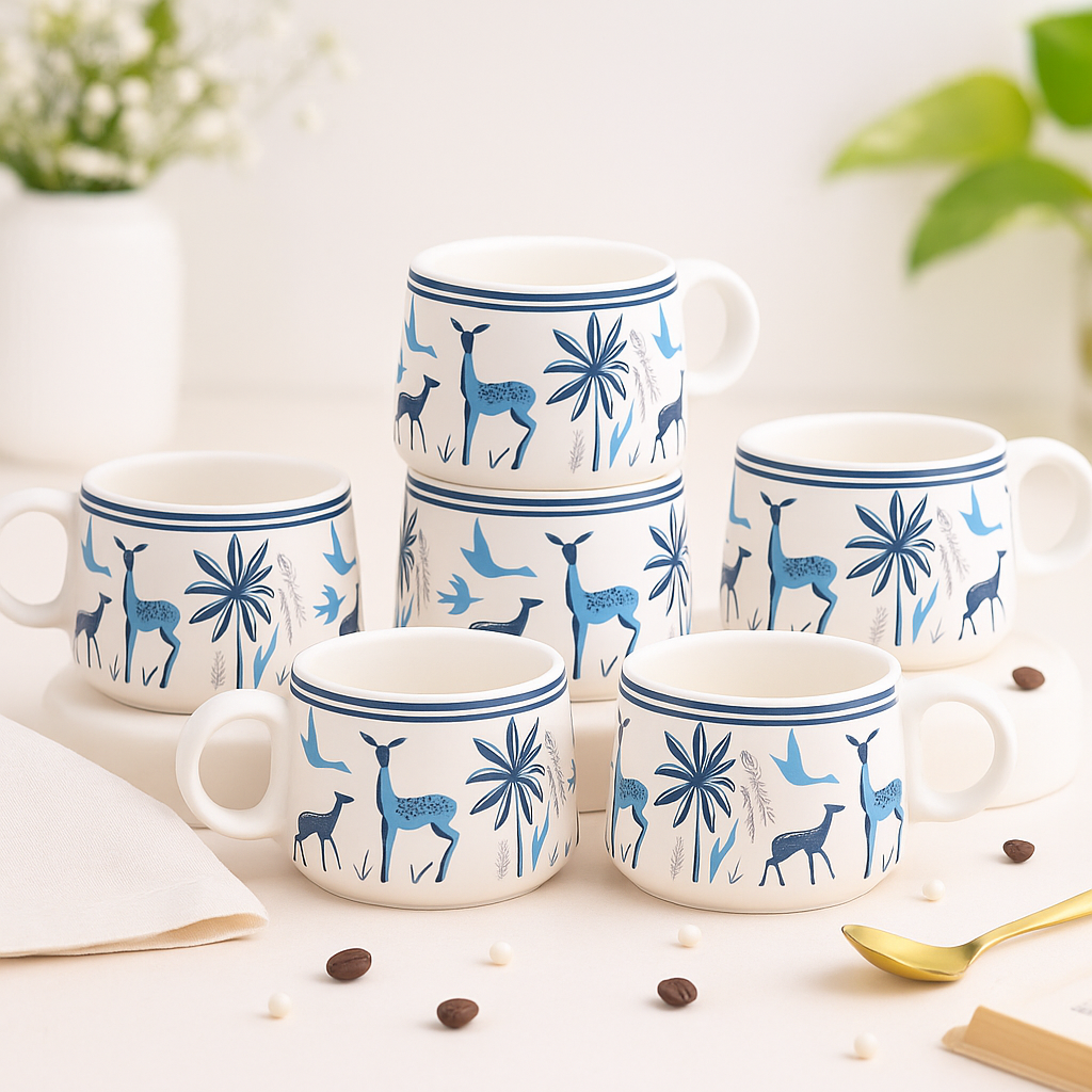The Deluxe Creations Handcrafted Blue Deer Ceramic Mug Set – Elegant Minimal Luxe Collection (Set of 6)