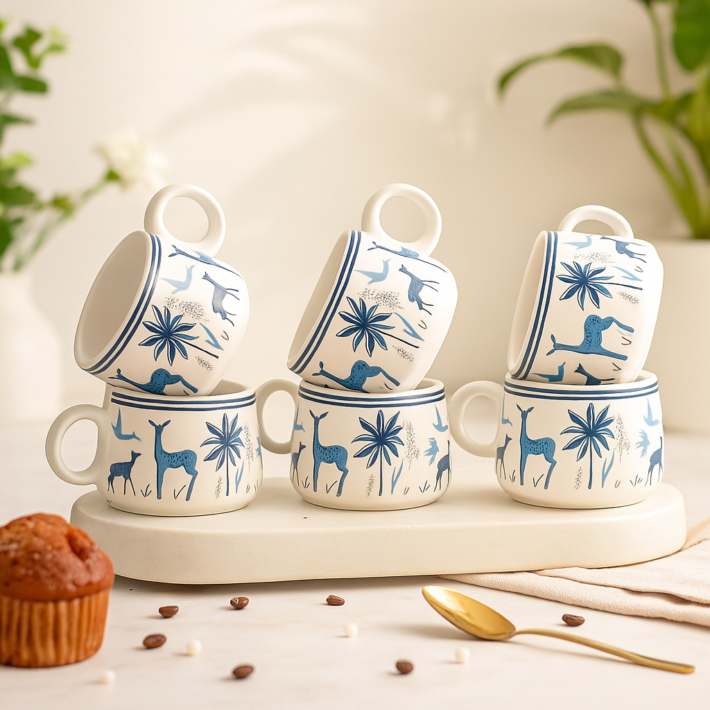 The Deluxe Creations Handcrafted Blue Deer Ceramic Mug Set – Elegant Minimal Luxe Collection (Set of 6)