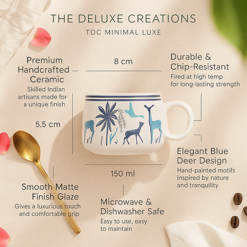 The Deluxe Creations Handcrafted Blue Deer Ceramic Mug Set – Elegant Minimal Luxe Collection (Set of 6)