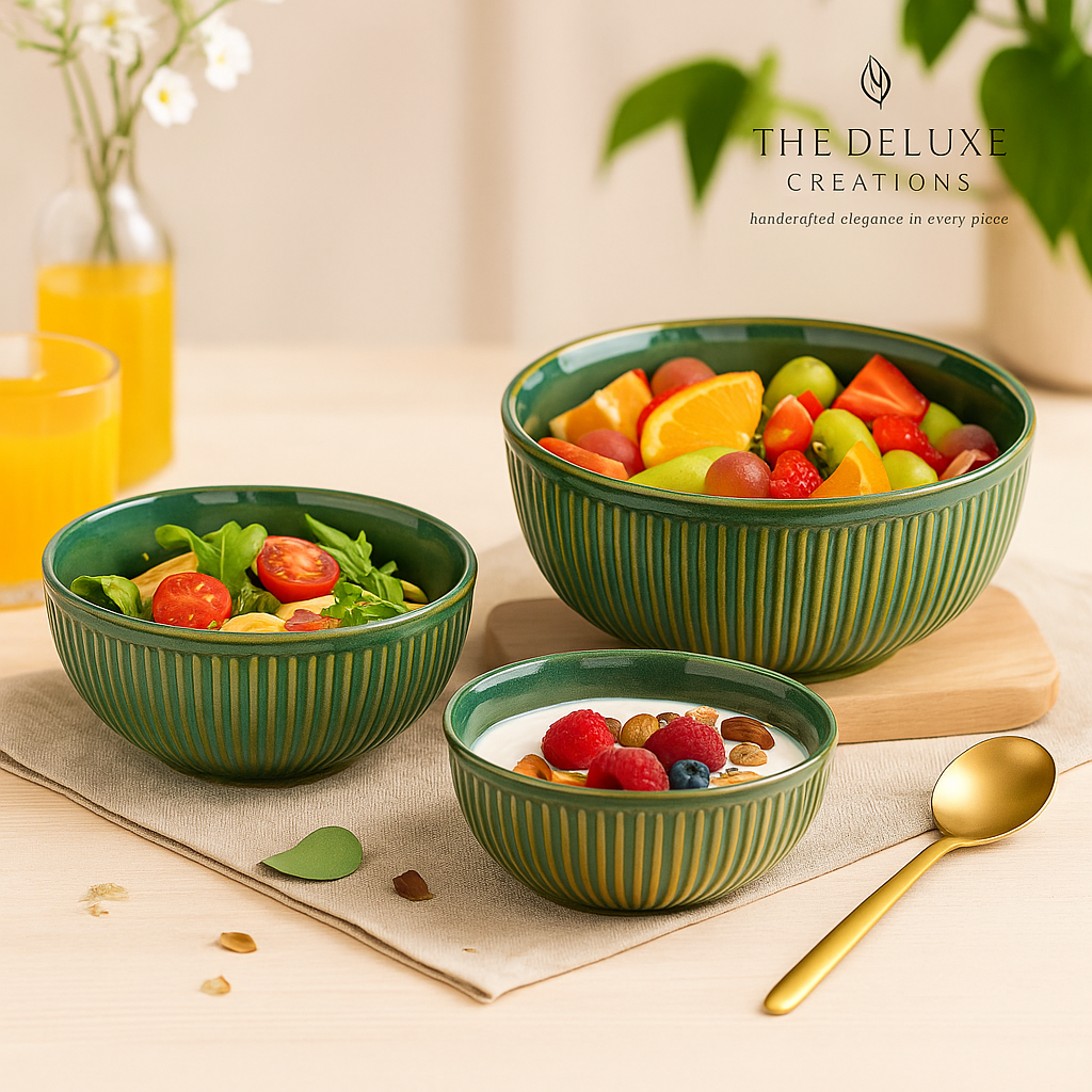 The Deluxe Creations Green Ceramic Bowl Set – Set of 3 (850ml, 500ml, 250ml)