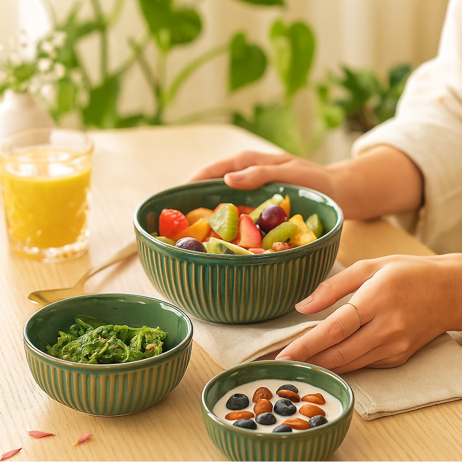 The Deluxe Creations Green Ceramic Bowl Set – Set of 3 (850ml, 500ml, 250ml)