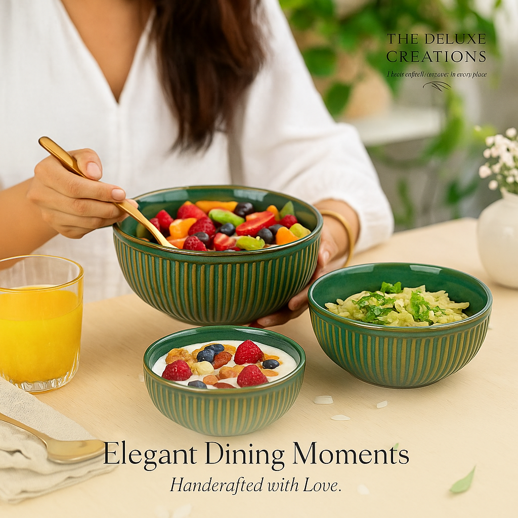 The Deluxe Creations Green Ceramic Bowl Set – Set of 3 (850ml, 500ml, 250ml)