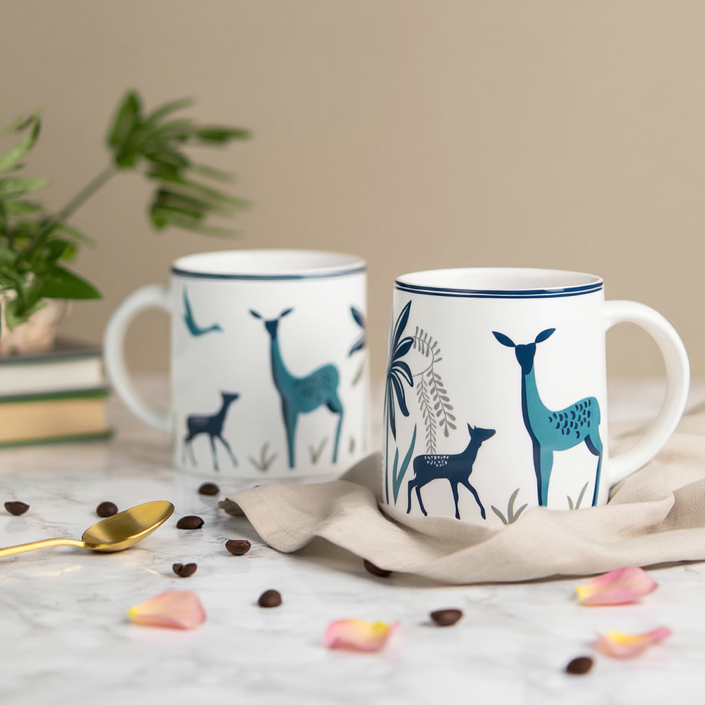 The Deluxe Creations Deer Print Ceramic Mug Set | Minimal Aesthetic Design | Premium Coffee & Tea Cup | 200 ML | Home & Gifting
